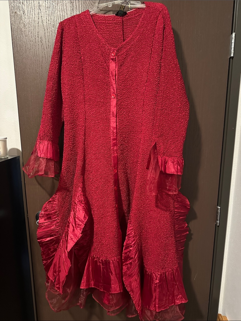 Women's Red Midi Dress with Satin & Sheer Ruffle Accents